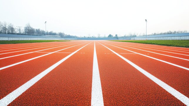 A track and field lane with bright red surface and white lane markings, outdoor setting under a clear sky, Energetic style