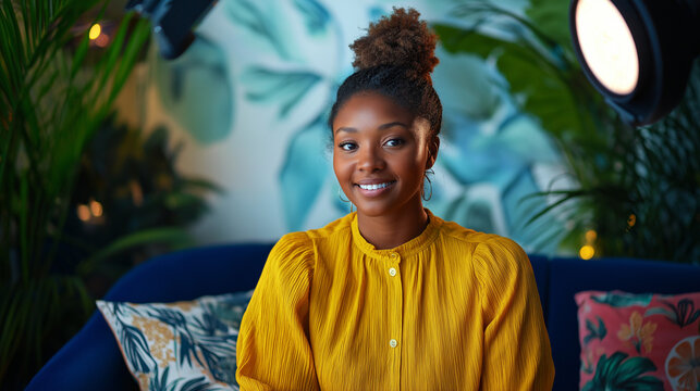 Smiling woman with braids recording with ring light &ndash; vibrant setup with high contrast and hard lighting for content creation.
