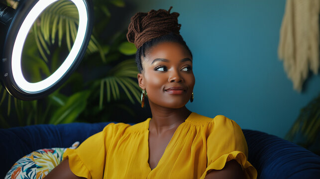 Smiling woman with braids recording with ring light &ndash; vibrant setup with high contrast and hard lighting for content creation.