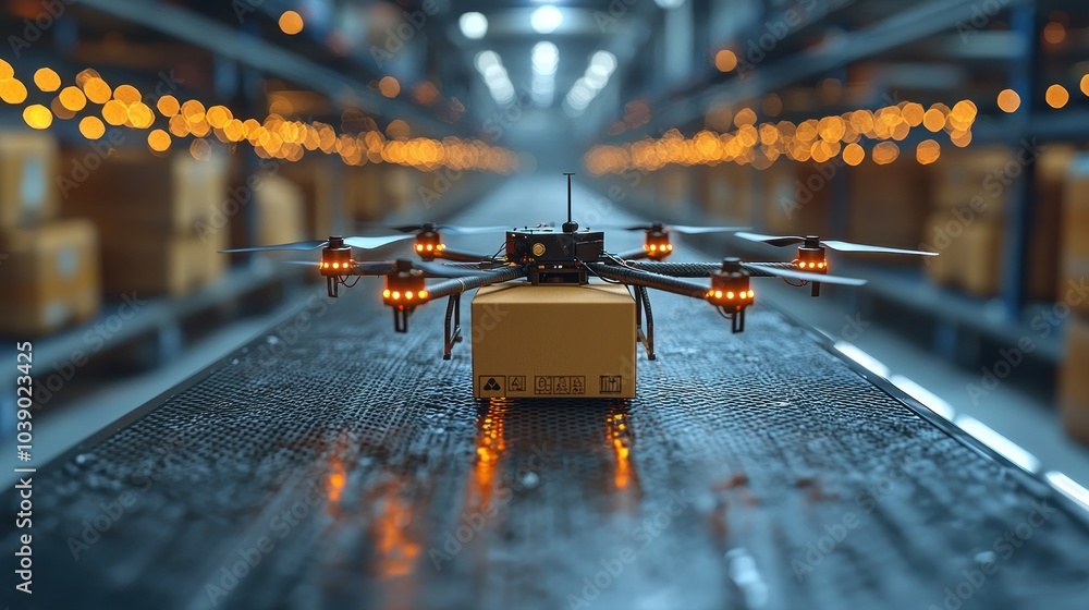 Poster drone delivering package in warehouse setting