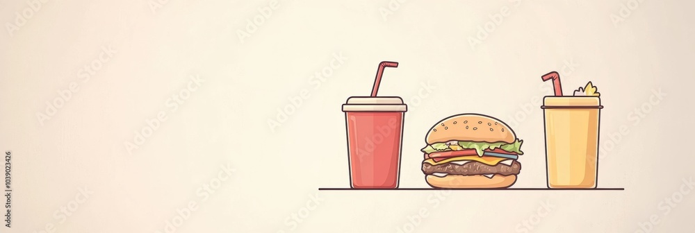 Aufkleber Enjoy a minimalistic dining setup with a classic burger and two cool drinks ready to satisfy your cravings. Generative AI