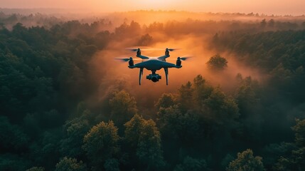Fototapeta premium Aerial Drone Over Misty Forest at Sunrise