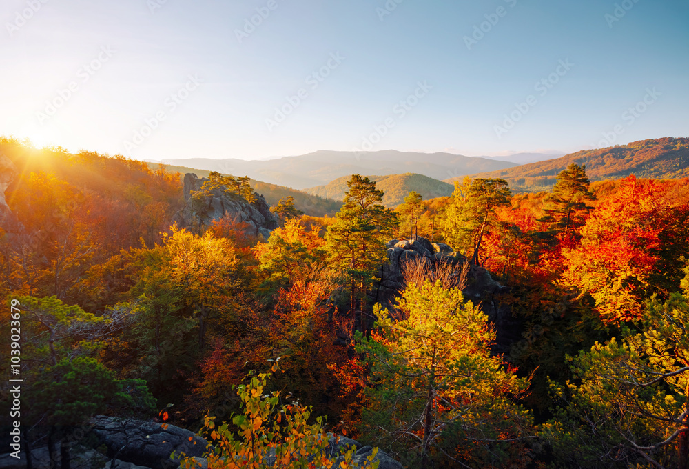 Leinwandbilder Magical scene of forested slopes and distant mountain ranges. Dovbush Rocks, Carpathian mountains, Ukraine, Europe.