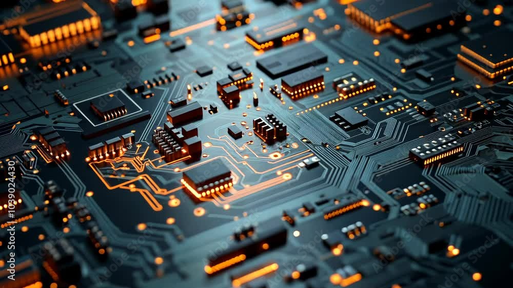 Poster a close-up view of a circuit board with glowing orange lines and integrated circuits