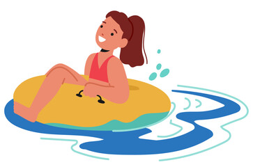 Happy Child Girl Enjoying A Water Park Ride With A Bright Smile And Splashing Water Fun And Thrill On Inflatable Ring