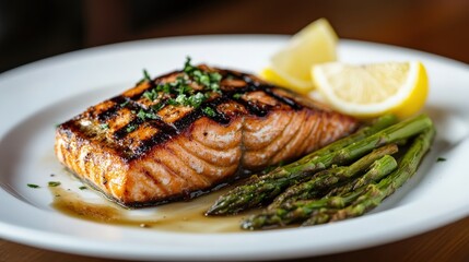 Grilled Salmon Fillet with a Side of Asparagus and Lemon Wedges on a White Plate