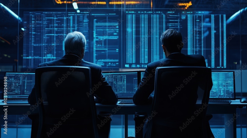 Poster cyber security experts analyzing data in a high-tech control room