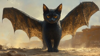 Obraz premium A sleek black cat with bat wings stands alert on a sandy terrain, blending fantasy with reality
