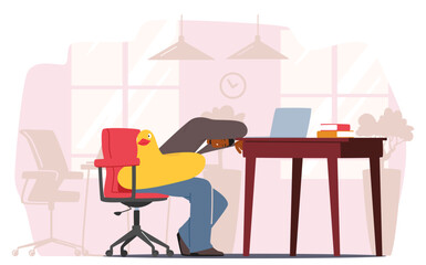 Businessman Character Relaxing With Inflatable Duck In Bright Office Setting During Work Hours, Dreaming about Vacation