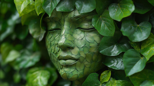A human head crafted from vibrant green leaves, forming facial features that blend seamlessly with nature. The leaves create a lush and organic appearance, set against a soft, eart