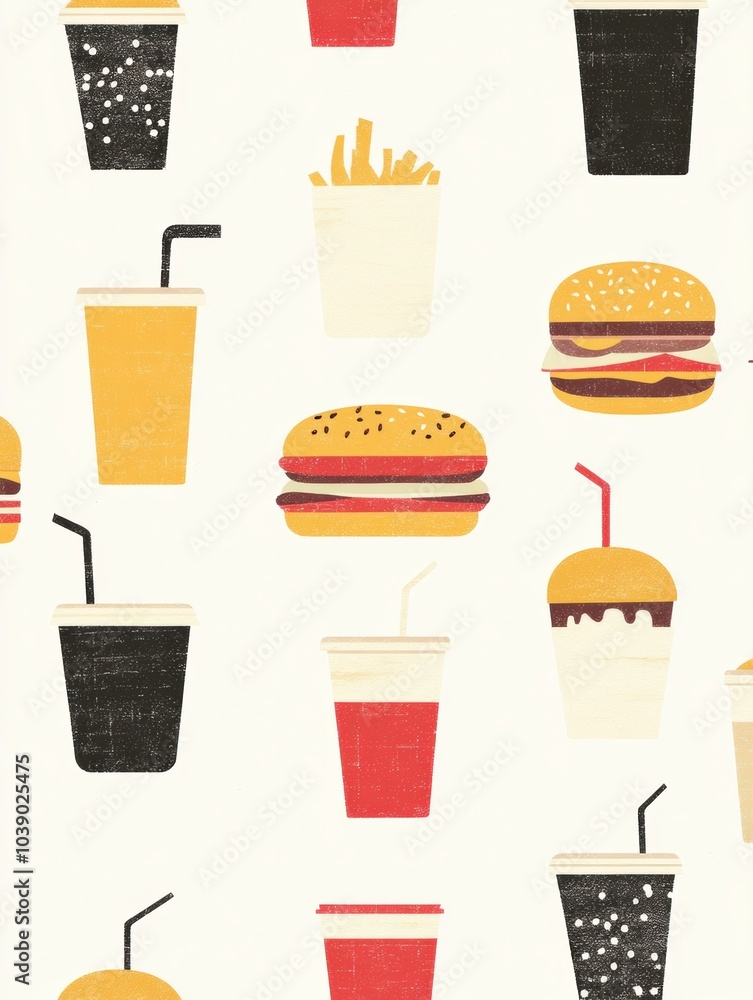 Poster a selection of colorful drinks and burgers arranged against a minimalist backdrop, inviting a relaxe