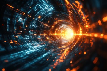 Obraz premium A vibrant digital tunnel illuminated by orange and blue lights swirling in a rhythmic pattern