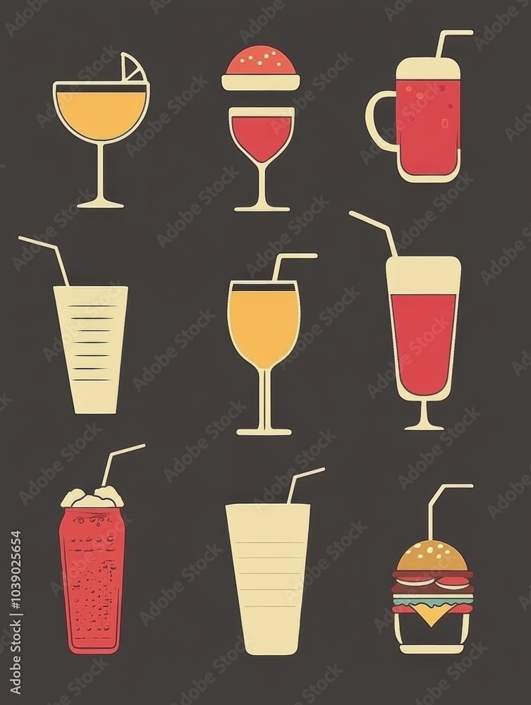 Poster enjoy an array of vibrant drinks and burgers, ideal for a casual meal or gatherings with friends and