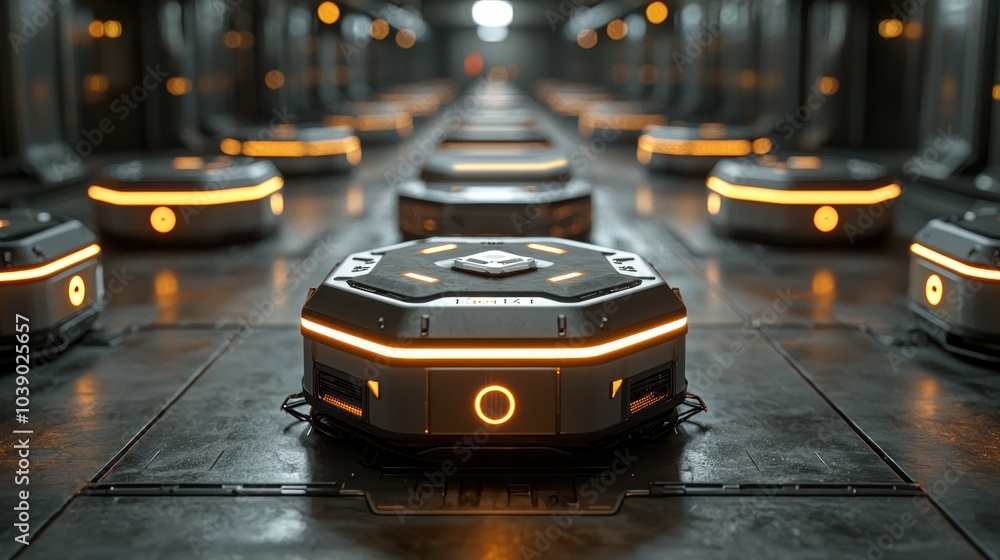 Poster futuristic robotic platform with orange lights in a metallic corridor