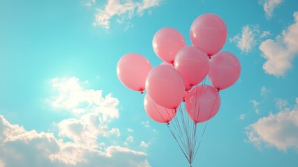 A bunch of pink balloons floating against a bright blue sky with fluffy clouds during daylight