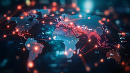 Obraz premium A Digital World Map with Red Lines Connecting Continents