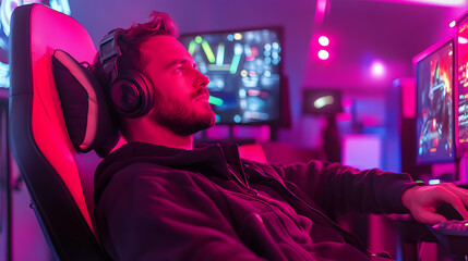 Fototapeta premium Gamer in a neon-lit room playing on a computer with headphones