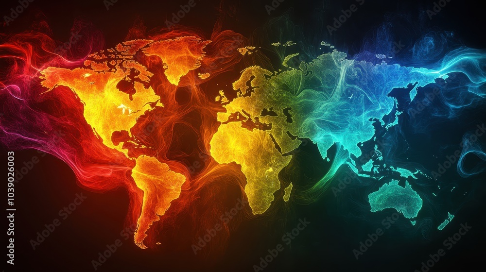 Poster abstract map of continents. globalization and geopolitics in high-tech world of future. 3d illustrat