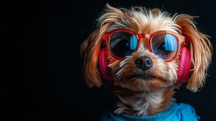Naklejka premium Adorable dog wearing sunglasses and headphones for a fun musical vibe, blending humor and style in pet photography.