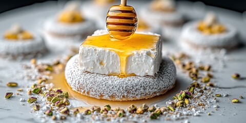 Delicious Honey Drizzled Cheesecake on Coconut Biscuit Base Garnished with Chopped Nuts and Seeds Perfect Dessert Presentation for Gourmet Food Photography