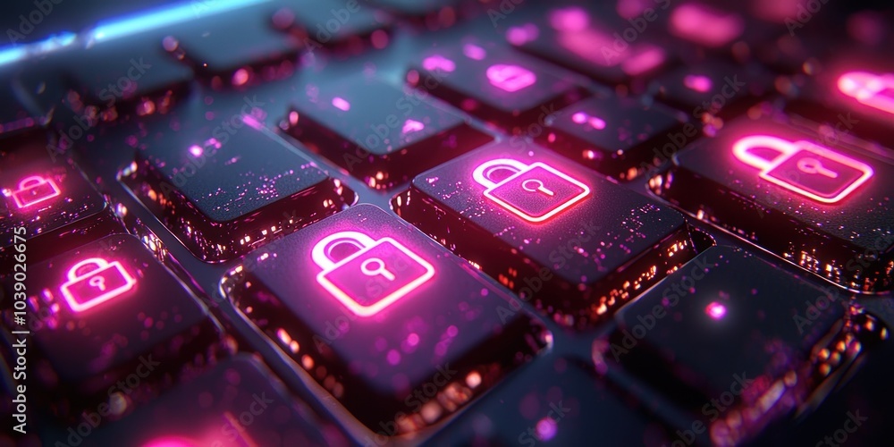 Poster close-up of a keyboard with pink neon lock icons