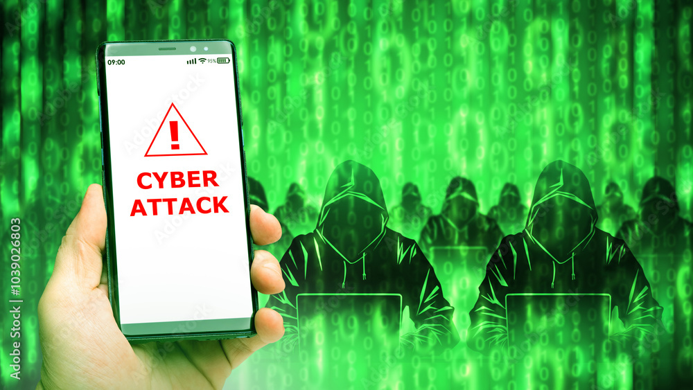 Poster cyber attack on mobile phones. group of hooded hackers. phone in hand of victim of cyber criminals. 