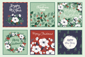 Christmas and Happy New Year cards with Christmas tree and white flowers. Vector template.