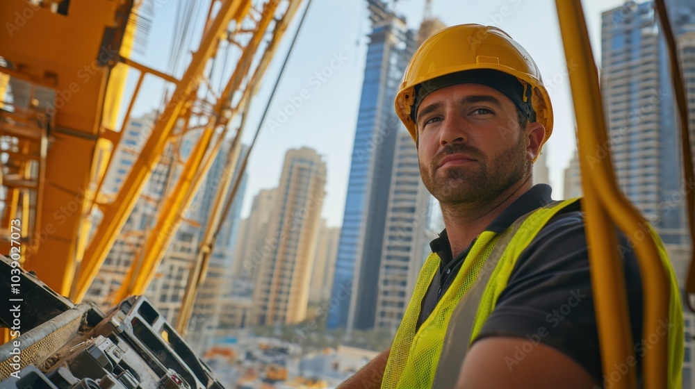 Poster a crane operator in a bright yellow helmet and vest, looking directly at the camera while operating 