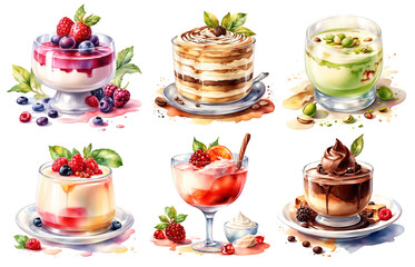 Panna cotta - traditional Italian cream dessert in a glass jar. Stawberry, chochkolate, pistaccio, coffee, cacao, rose. Watercolor illustration isolated on white background