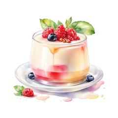 Panna cotta - traditional Italian cream dessert in a glass jar. Stawberry, chochkolate, pistaccio, coffee, cacao, rose. Watercolor illustration isolated on white background