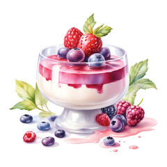 Panna cotta - traditional Italian cream dessert in a glass jar. Stawberry, chochkolate, pistaccio, coffee, cacao, rose. Watercolor illustration isolated on white background