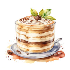 Panna cotta - traditional Italian cream dessert in a glass jar. Stawberry, chochkolate, pistaccio, coffee, cacao, rose. Watercolor illustration isolated on white background