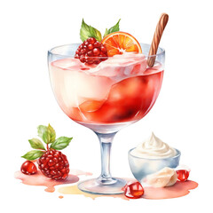 Panna cotta - traditional Italian cream dessert in a glass jar. Stawberry, chochkolate, pistaccio, coffee, cacao, rose. Watercolor illustration isolated on white background