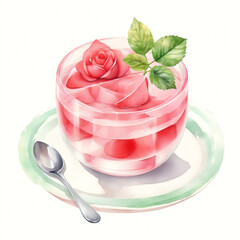 Panna cotta - traditional Italian cream dessert in a glass jar. Stawberry, chochkolate, pistaccio, coffee, cacao, rose. Watercolor illustration isolated on white background