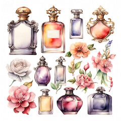Perfume bottles with flowers watercolor illustrations set. Beauty fashion collection isolated on white background