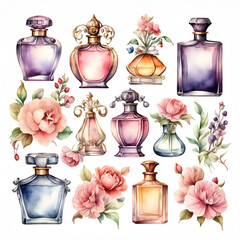 Perfume bottles with flowers watercolor illustrations set. Beauty fashion collection isolated on white background