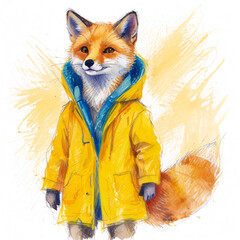 Cool fox in yellow raincoat - Creative concept for advertising, watercolor illustration isolated on white background