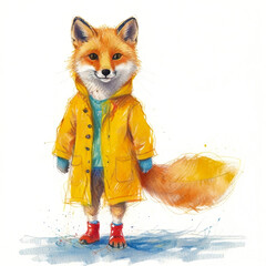Cool fox in yellow raincoat - Creative concept for advertising, watercolor illustration isolated on white background