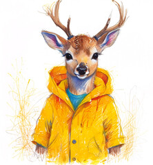 Cool deer in yellow raincoat - Creative concept for advertising, watercolor illustration isolated on white background