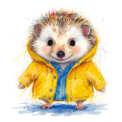 Cool hedgehog in yellow raincoat - Creative concept for advertising, watercolor illustration isolated on white background