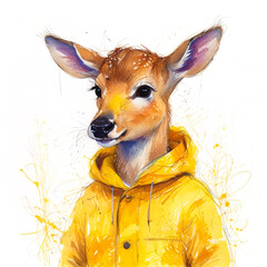 Cool deer in yellow raincoat - Creative concept for advertising, watercolor illustration isolated on white background