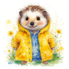 Cool hedgehog in yellow raincoat - Creative concept for advertising, watercolor illustration isolated on white background