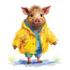 Cool pig in yellow raincoat - Creative concept for advertising, watercolor illustration isolated on white background