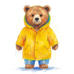 Cool bear in yellow raincoat - Creative concept for advertising, watercolor illustration isolated on white background