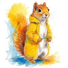 Cool squirrel in yellow raincoat - Creative concept for advertising, watercolor illustration isolated on white background