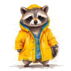 Cool raccoon in yellow raincoat - Creative concept for advertising, watercolor illustration isolated on white background