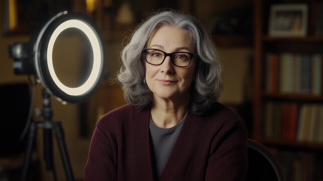 Elderly woman recording video in home library &ndash; content creation with hard lighting and high contrast in a cozy intellectual space