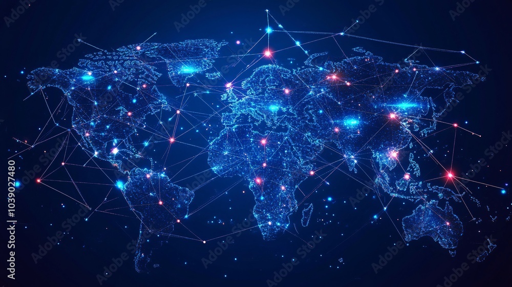 Wall mural a world map depicting global interconnectivity with luminous lines and nodes