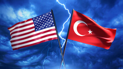 Flags USA and turkey. State symbols near lightning bolt. Concept problems in relations between USA and turkey. National flag United States of America. Political symbol of Turkish republic. 3d image