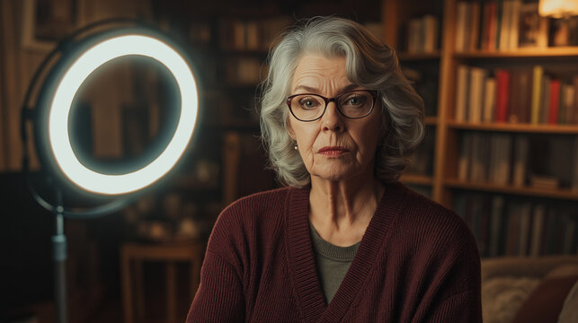 Elderly woman recording video in home library &ndash; content creation with hard lighting and high contrast in a cozy intellectual space.